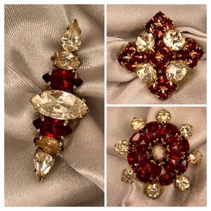 Lot Of 3 Vintage Red & Clear Rhinestone Brooch